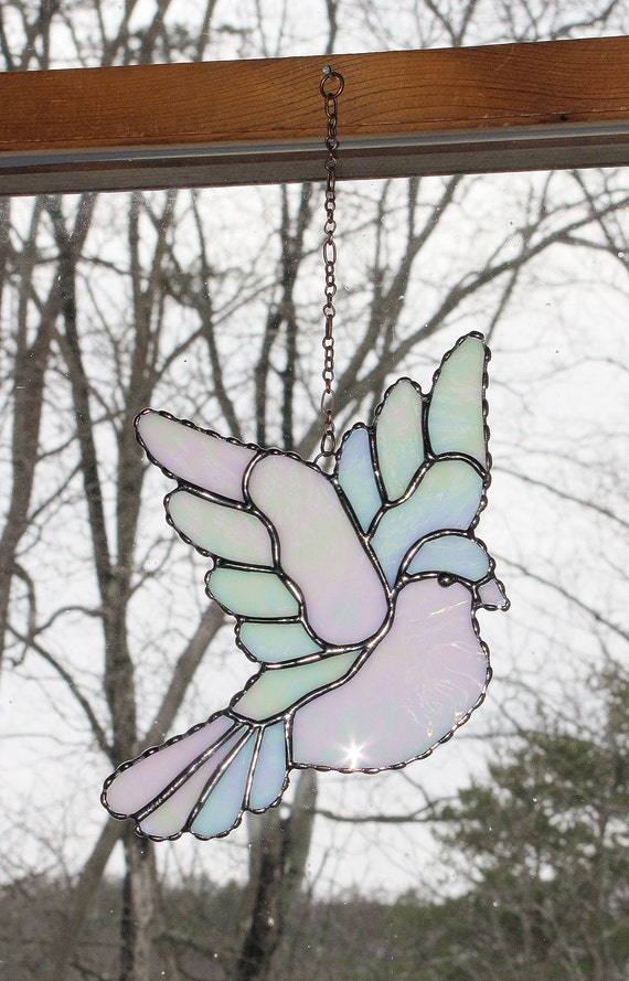 Stained Glass Suncatcher Iridescent White Dove Peace Dove