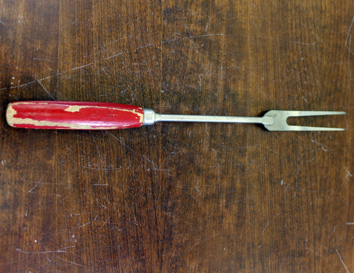 Vintage A&J Utensils Carving Fork w/Painted Red Wooden Handle (E2700