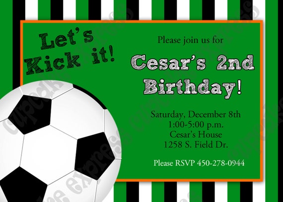 DIY SOCCER Birthday Party PRINTABLE Invitation 5x7 green orange -Cupcake express ball Il_570xn