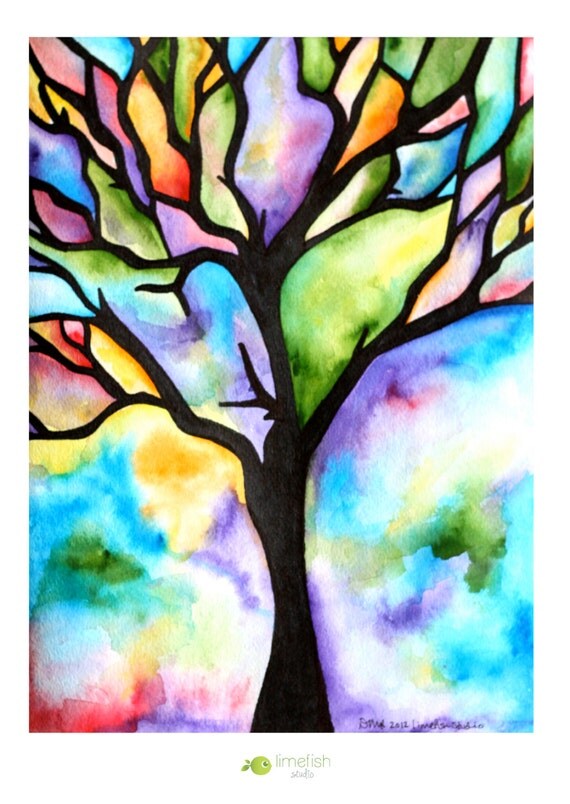 MADE-TO-ORDER Watercolor Painting Tree Silhouette Colorful