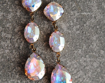 Aurora Borealis Pastel Rainbow Large Rhinestone Swarovski Crystal Earrings Rainbow Earrings Northern Lights Dangle Post Earrings Mashugana