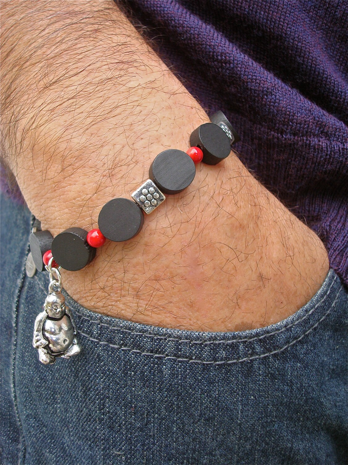 Men's Spiritual Bracelet with Black Wood Red Coral Bali