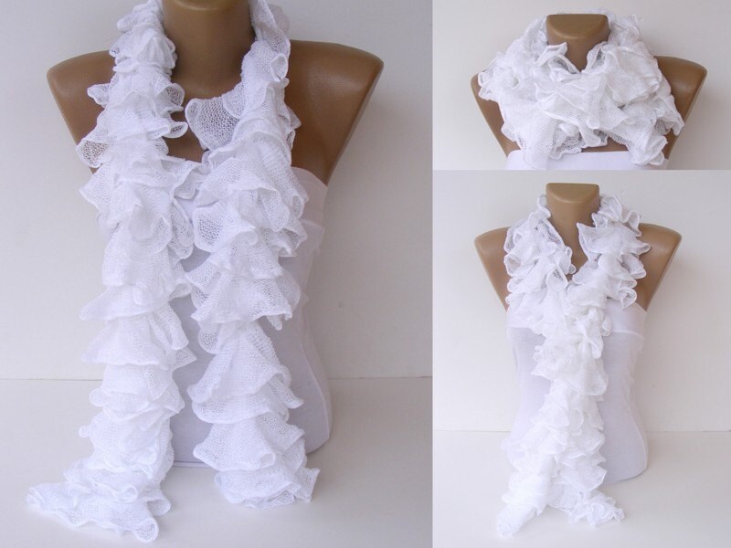 white wedding women scarf Knitted Ruffled Scarf white
