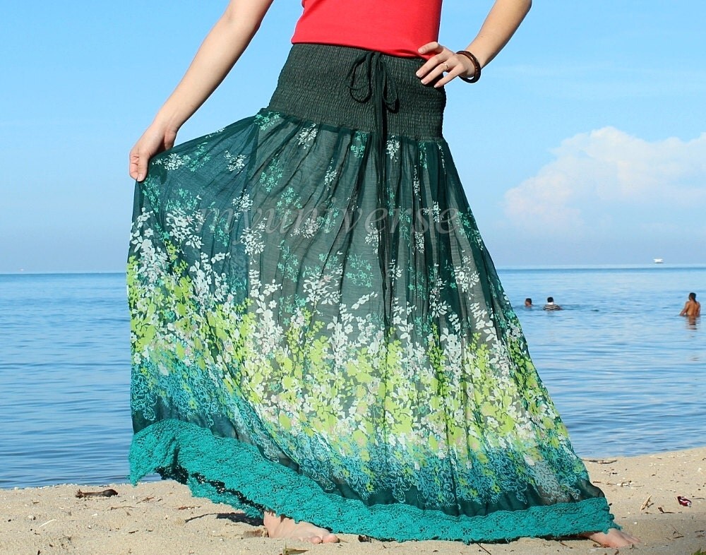 Maxi Skirt Green Floral Long Skirt/ Fall Party Women Skirt