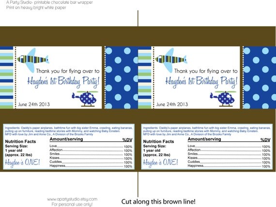 Airplane & Helicopter Birthday Party chocolate bar wrapper- digital file- print your own Il_570xn