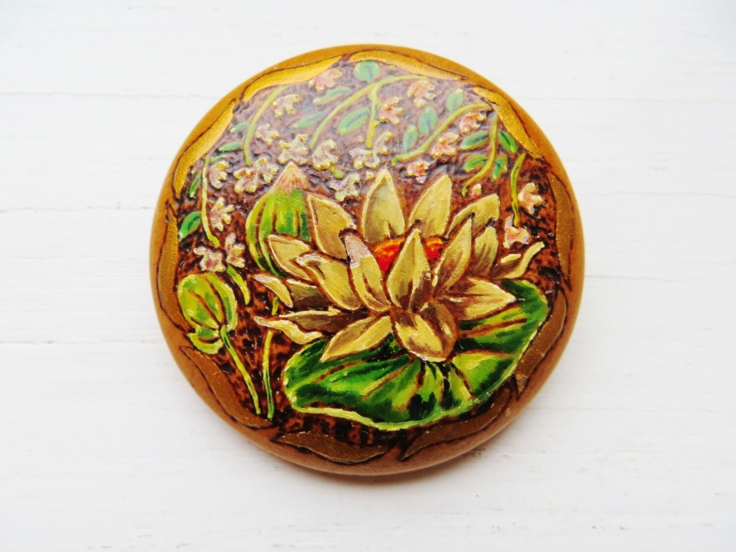 Vintage Hand Painted Brooch Carved Wood Flower Jewelry