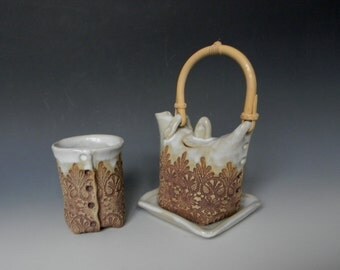 Handmade Ceramic Lace-Impressed 1-Cup Tea Set