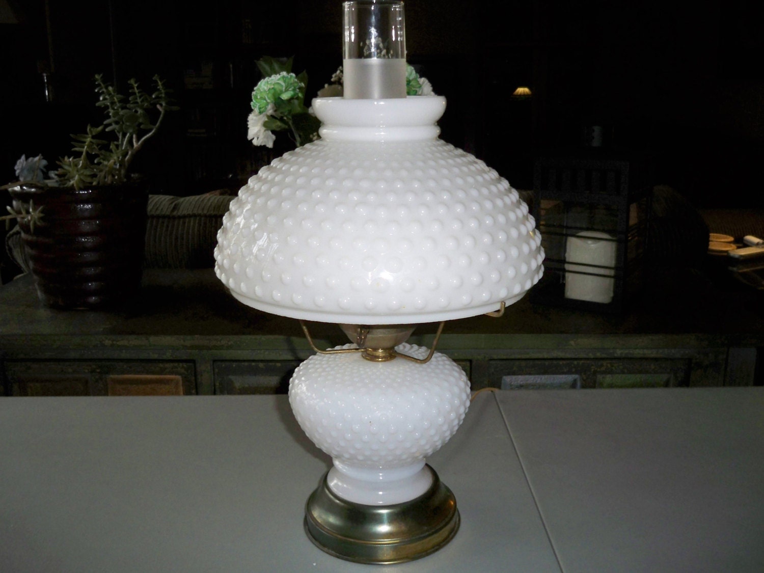 Vintage Hobnail Milk Glass Hurricane Lamp