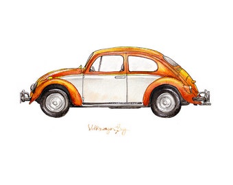 Creamsicle Volkswagon Bug, classic automobile watercolor print, 8x10"