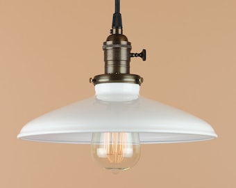 Lighting w/ 10 inch White Porcelain Enamel Shade - Pendant Light w/ Antique Reproduction Cloth Wire - Oil Rubbed Bronze Finish - Barn Light