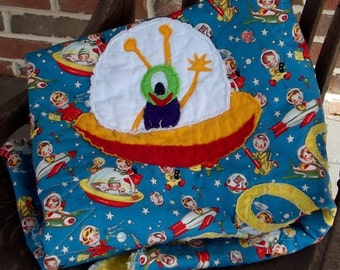 retro baby quilt, "Outer Space" Michael Miller fabric