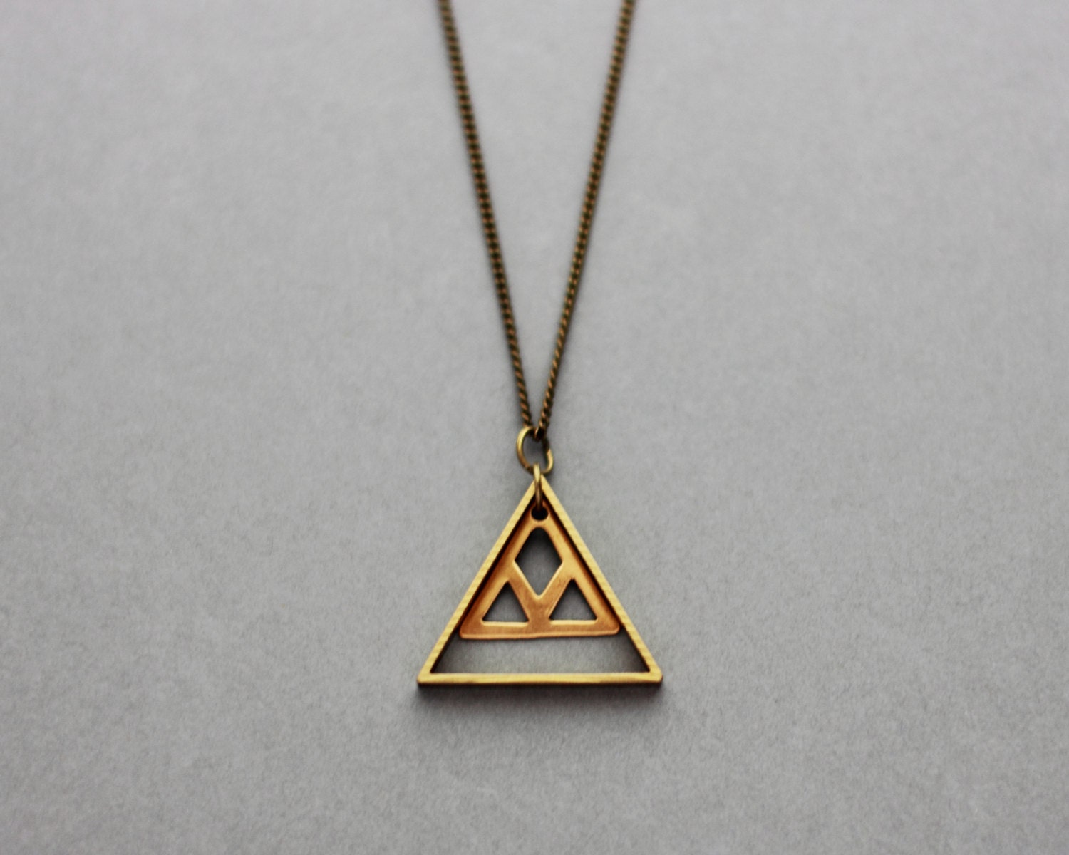 Double Cut Out Triangle Necklace Bronze Modern Geometric