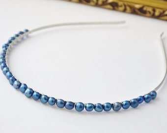 blue pearl headband - royal blue nugget pearl silver alice band for wedding bridesmaid or flowergirl