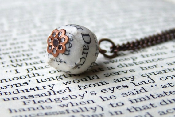 Mr Darcy Pride and Prejudice book page bead necklace, copper plated chain