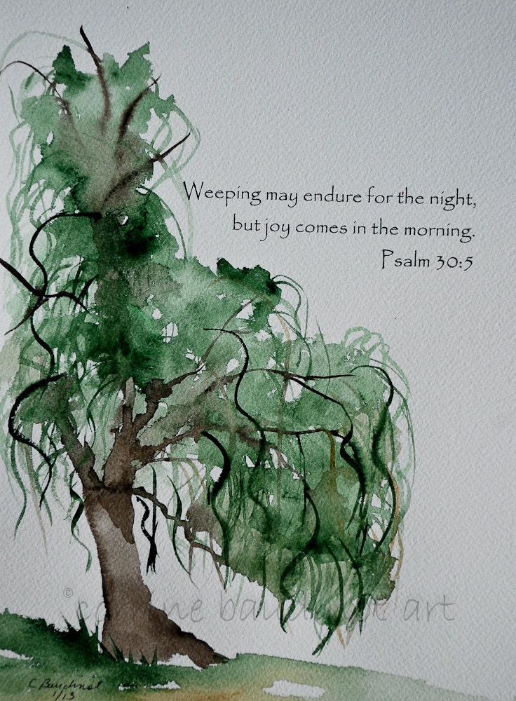 Weeping Willow Tree watercolor painting with Bible Verse green