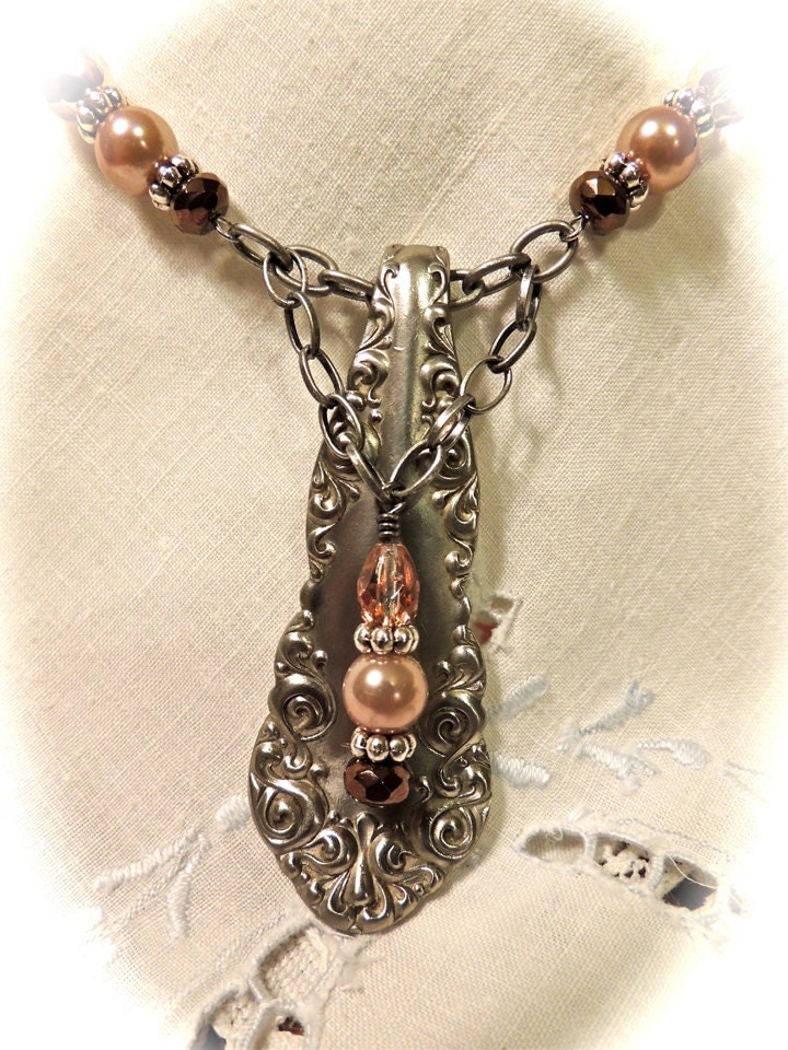Artisan Jewelry Vintage Silverware Pendant Necklace with Pink