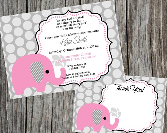 COMBO Special: Pink Elephant and Dots Baby Shower Invitation and Thank You Card, Printable Shower invitation and thank you card Il_570xn