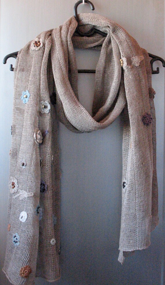 Linen Natural Grey Scarf Shawl Wrap Stole , Light, Transparent and Crocheted Flower