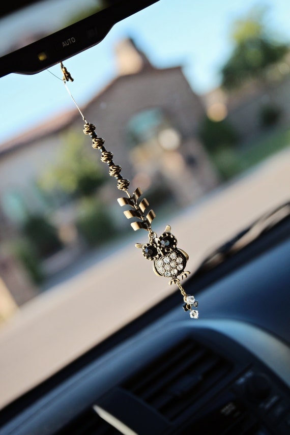 Rearview Mirror Charm Ornament Bronze Owl with Crystals and