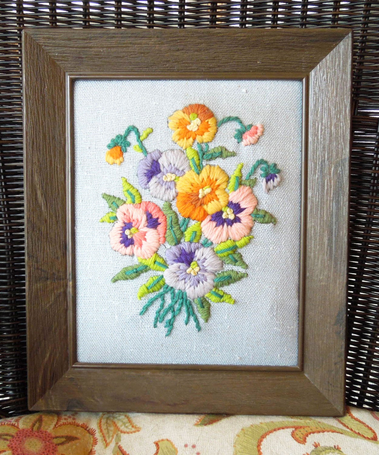 SALE Vintage framed embroidery wall hanging Embroidered
