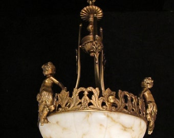 cherubs   Cast chandelier with vintage  ant bronze real and alabaster pend alabaster chandelier