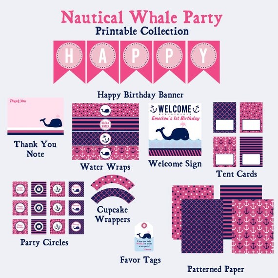 PREPPY WHALE Birthday Collection, Pink and Navy, Nautical , Custom Printable Il_570xn