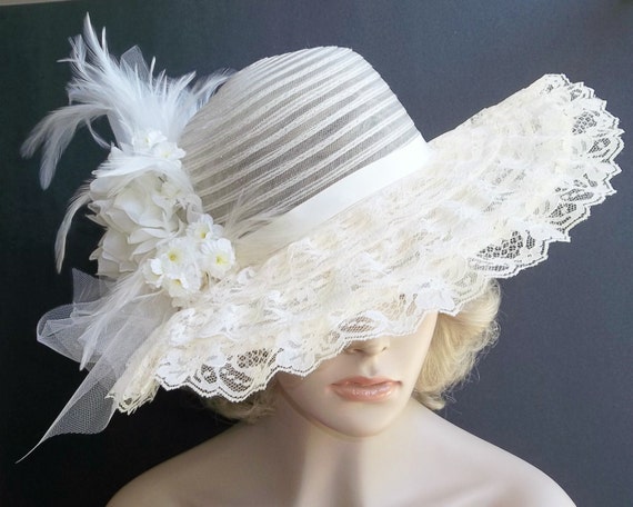 Victorian Tea Party Hat Cream Wide Brim Hat Garden Party