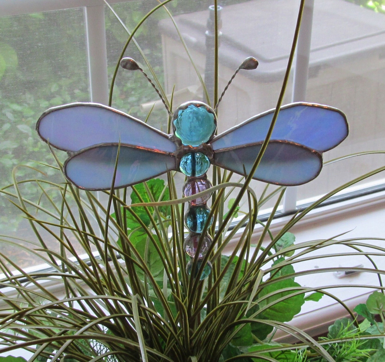 Stained Glass Dragonfly Plant Stake Blue by StainedGlassJewels