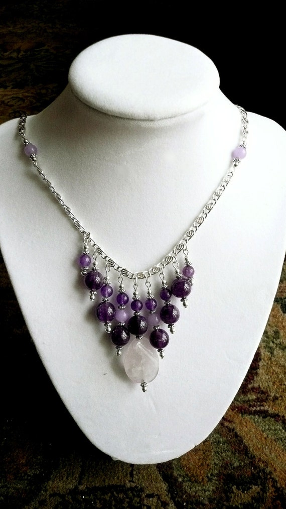 Genuine Amethyst and Sterling Silver Plated Bib Necklace