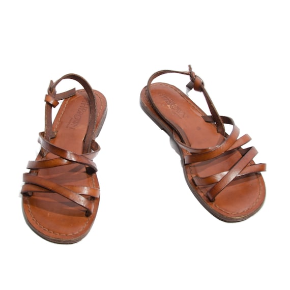 Women's Brown Leather Sandals Strappy Slingback Flats by