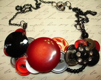 The RED BARONESS - Button Necklace - Vintage Button Jewelry - Red - BLACK - Gray - Rhinestone