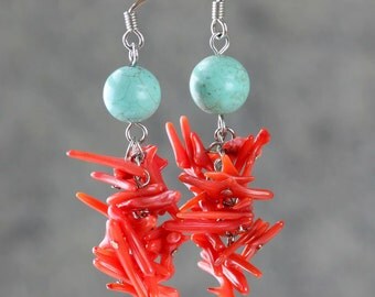Chandelier turquoise coral long dangle fashion earrings Bridesmaids gifts Free US Shipping handmade Anni Designs