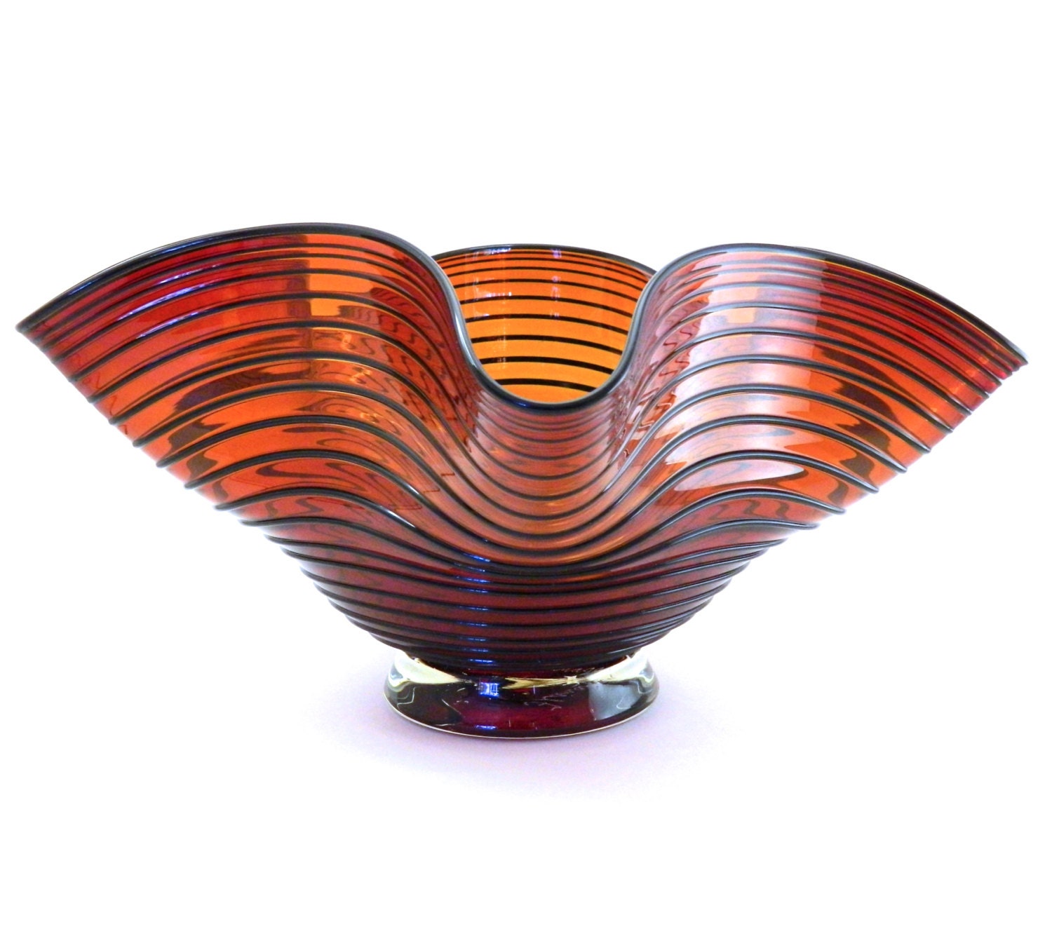Hand Blown Art Glass Bowl Large Amber Red With Black