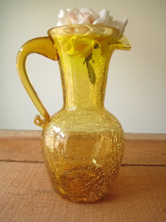 Yellow Crackle Depression Glass Vase/ Vintage Yellow Pitcher