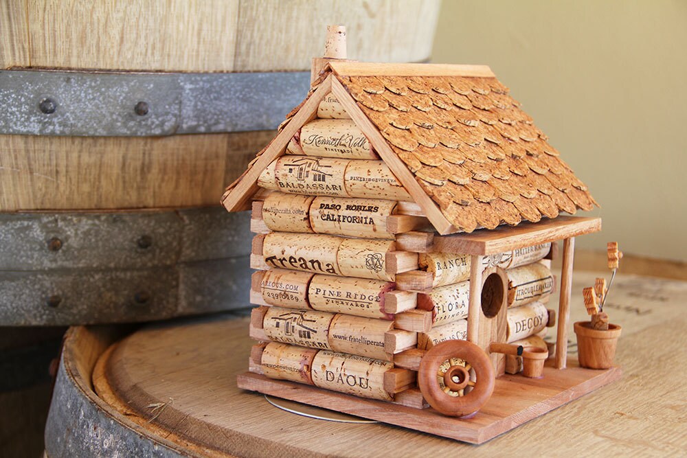 Log Cabin birdhouse wood and wine corks