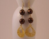 Preciosa Czech Bronze Firepolished Faceted Glass Beads and Gold Metal Focal Dangle Earrings