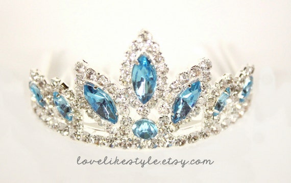 Light Blue And Clear Rhinestone Princess Crown Tiara Comb For