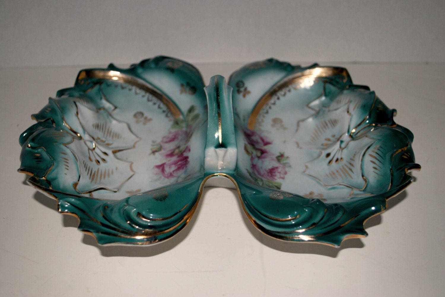 German porcelain hand painted divided dish candy nut dish