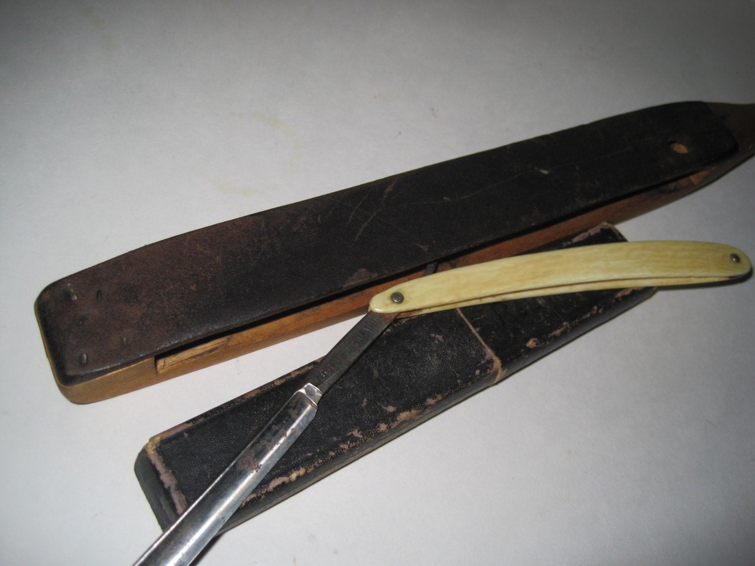 Antique Razor Leather Strop with Straight Razor in Case