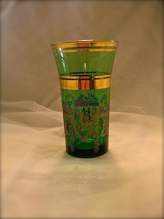 vintage green glass vase cup with gold trim shabby green