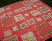 On Sale - Bright Floral Large Lap or Bed Quilt, Handmade Patchwork Blanket in Melon Orange Green Blue Sage Coral Martha Negley Fabrics