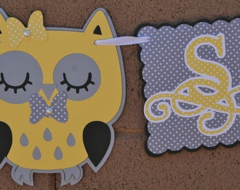 Owl Baby Shower Banner - 1 row, New Baby, Party Decoration. Yellow and Gray.