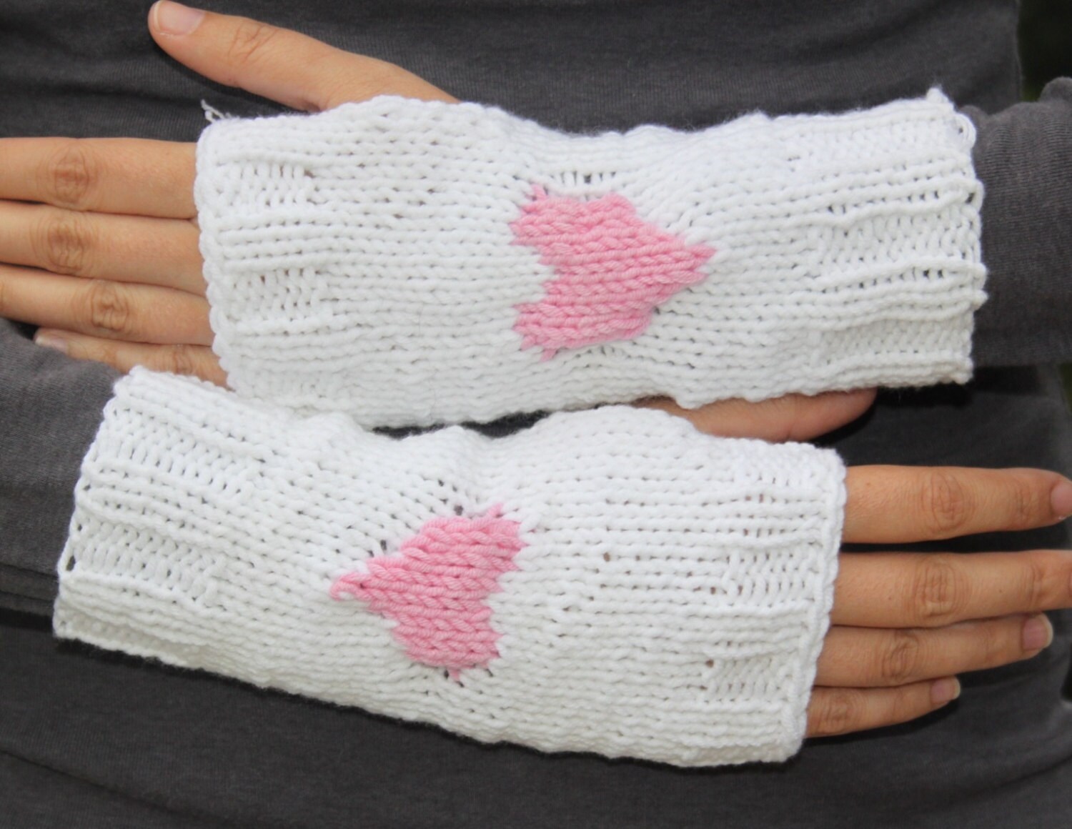 SALE Hand Knit Heart fingerless mittens in White with Pink