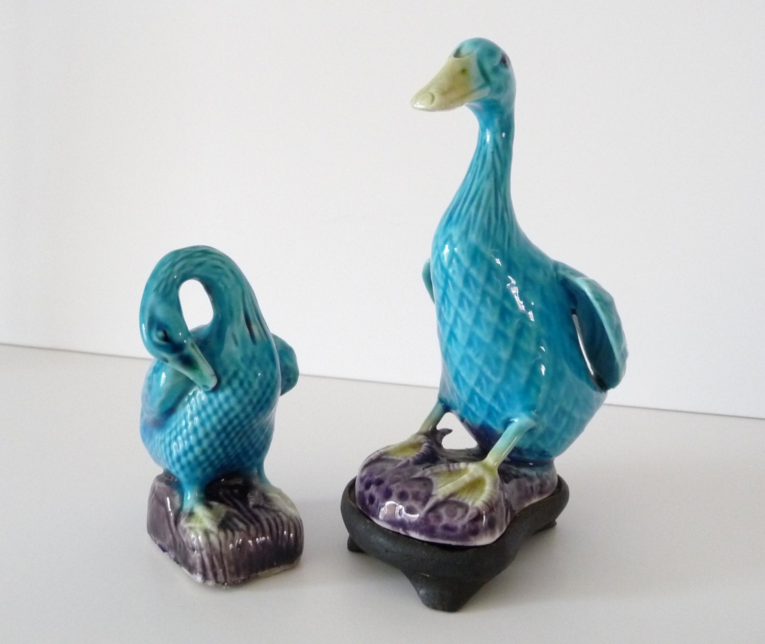 Pair of Antique Chinese Porcelain Ducks Turquoise Blue Duck