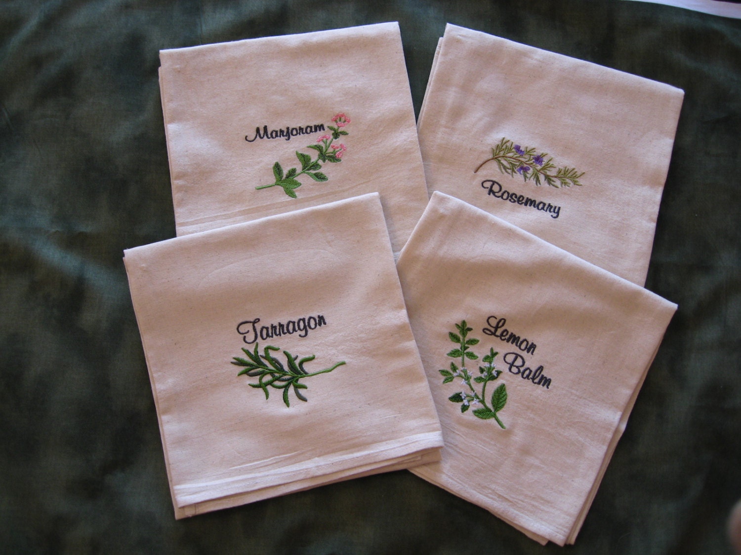 Set of 5 Machine Embroidered Flour Sack Herb Dish Towels