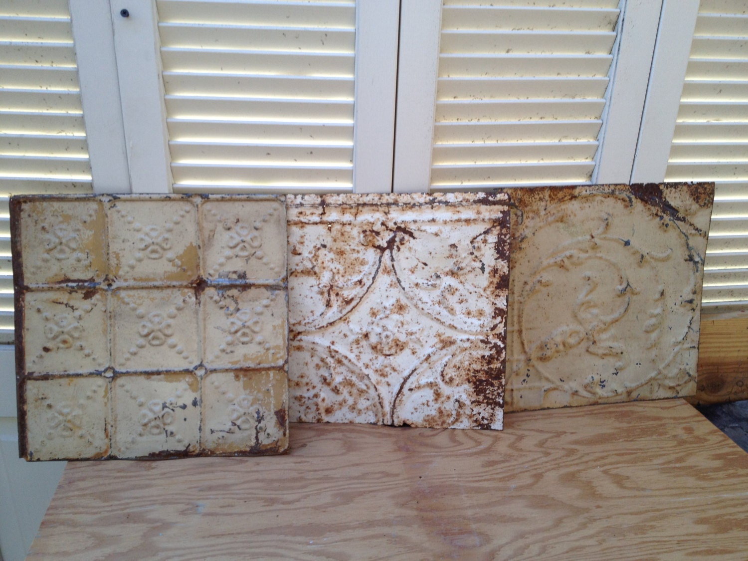 Set of Three Vintage Ceiling Tiles Salvaged Tin Crafting