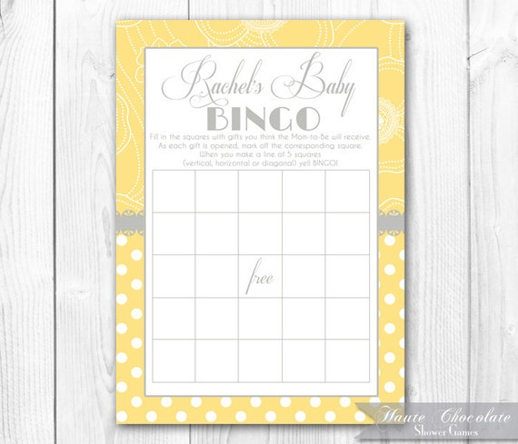 Baby Shower Bingo. Printable Yellow and Gray Bridal Shower or Baby Shower Bingo. Personalization & Custom Colors Included. Il_570xn