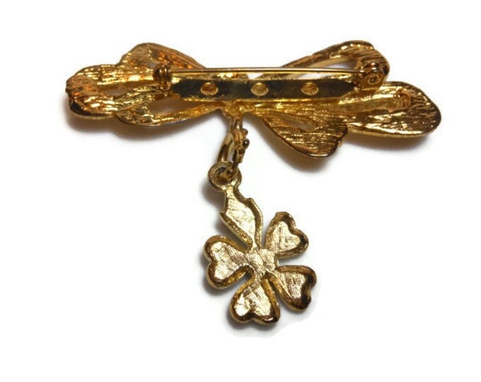 Bow charm brooch with shamrock charm, bar pin, St. Patricks Day pin