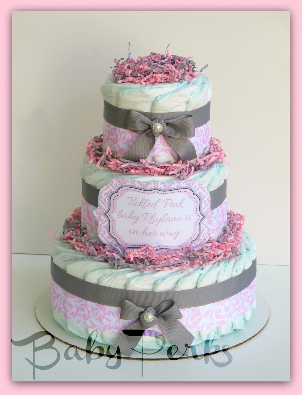 Pink Damask Diaper Cake Pink and Grey Baby Shower Baby by ...