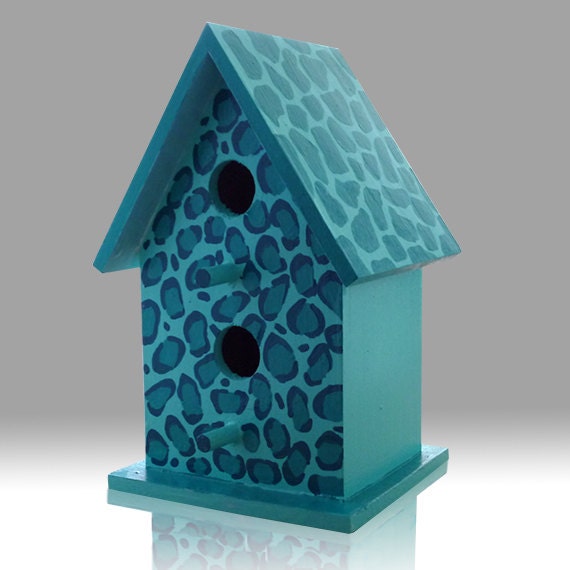 Hand Painted Wooden Bird House With Blue Leopard And Giraffe Animal 